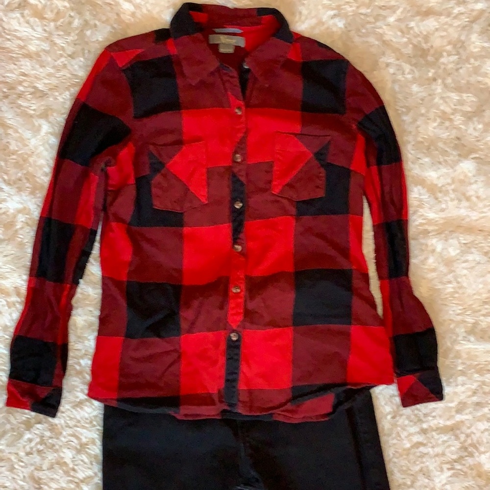 Red and Black Buffalo Plaid Button Front Top